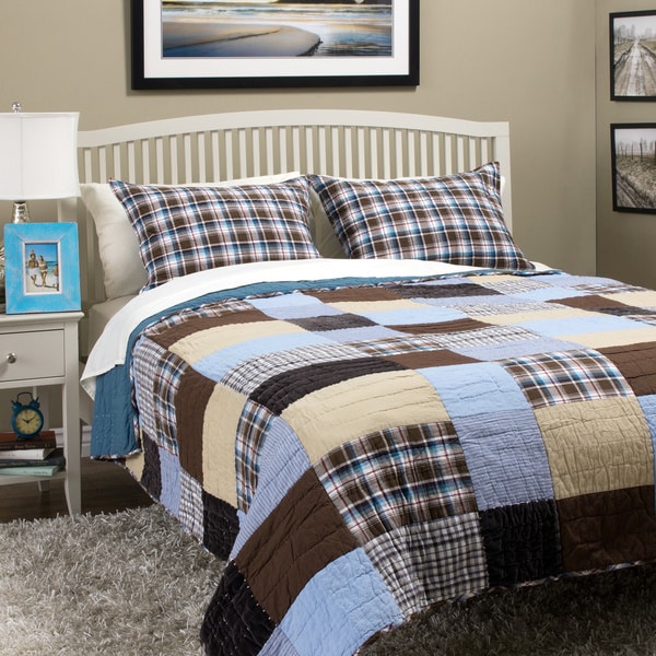 Jace Blue/ Brown Mixed Patchwork Cotton Quilt Set