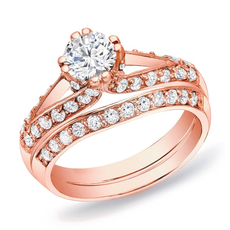 Auriya 14k Rose Gold 1 1/4ctw Unique Round Diamond Engagement Ring Set