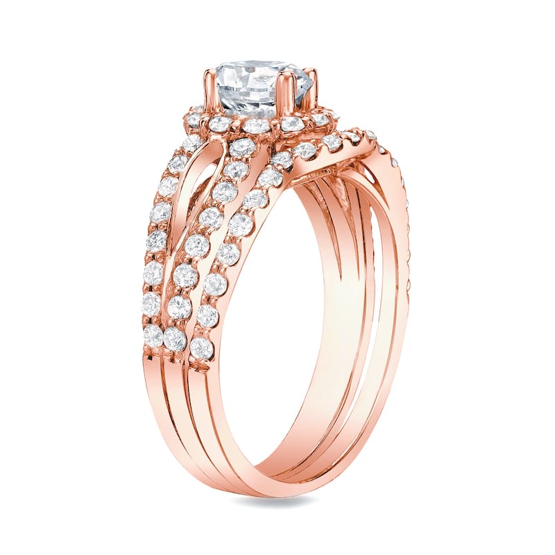Auriya 14k Rose Gold Modern Split 1 1/2ctw Round Diamond Halo Engagement Ring Set Certified