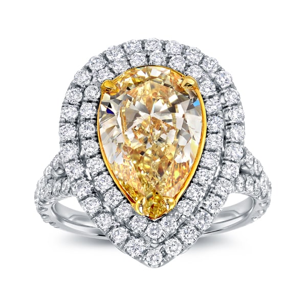 Auriya 18k Two-tone Gold 4ct TDW Fancy Yellow Diamond Pear Shape Halo Engagement Ring
