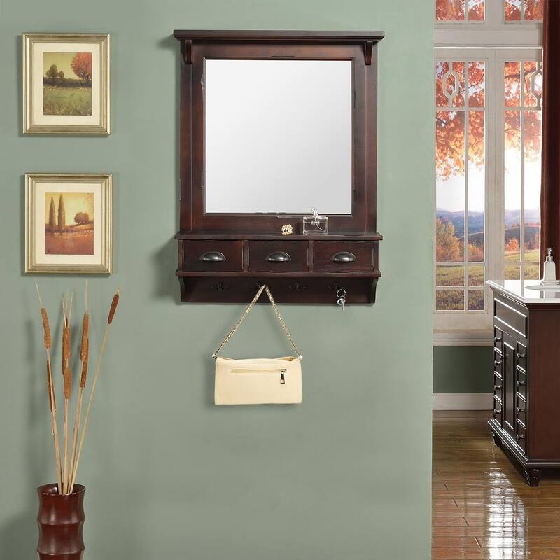 Bombay Brown Wall Mirror with Drawers and Hooks A/N Bed Bath