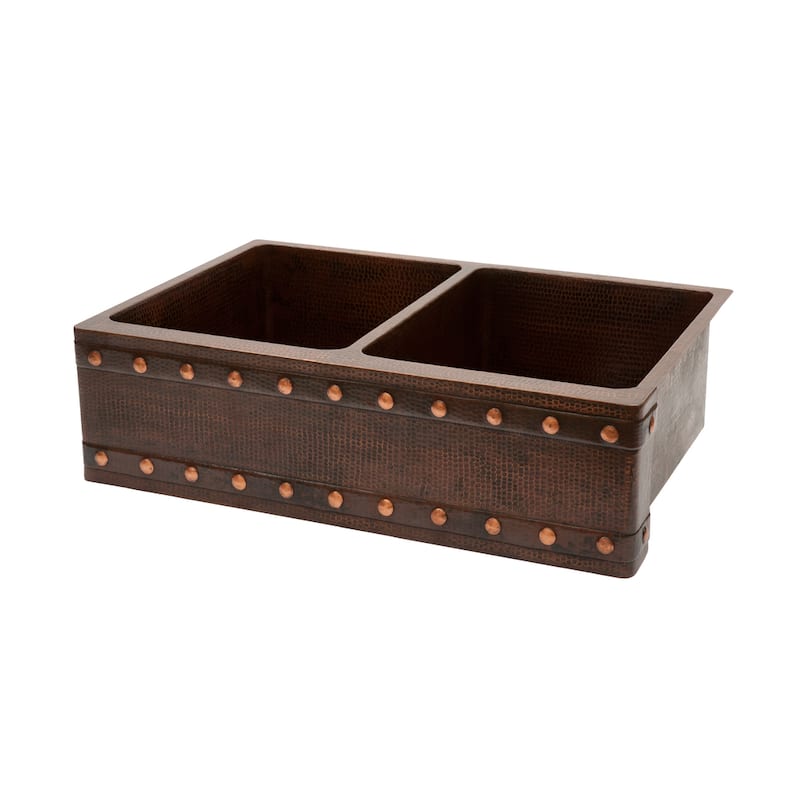 33-in Hammered Copper Apron Front 50/50 Double Basin Kitchen Sink w/ Barrel Strap Design (KA50DB33229BS)