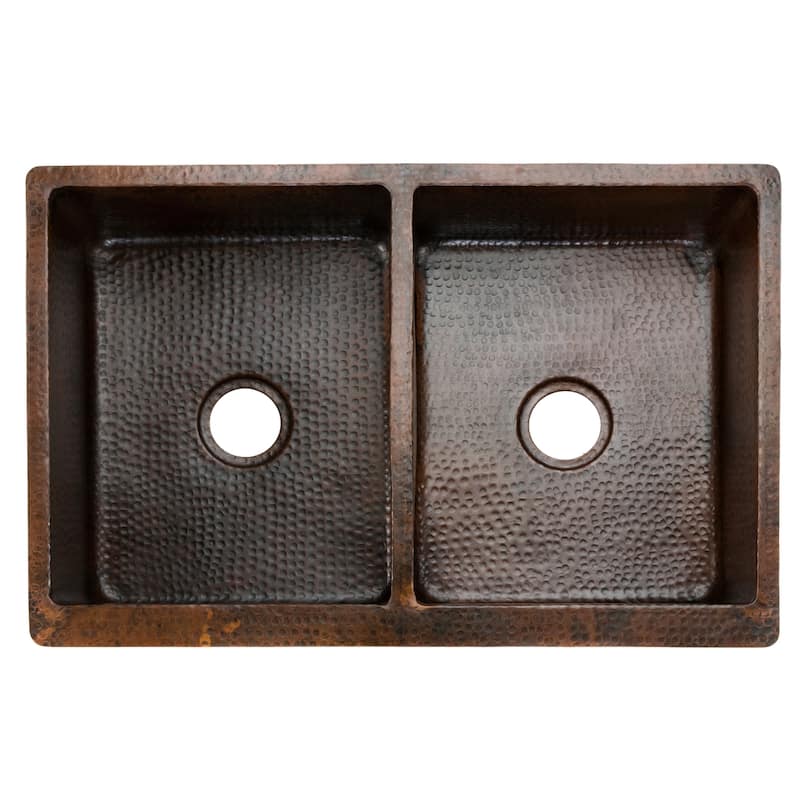 33-in Hammered Copper Apron Front 50/50 Double Basin Kitchen Sink w/ Barrel Strap Design (KA50DB33229BS)