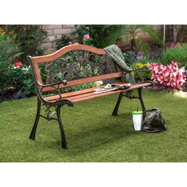 Jyon Traditional Oak Iron Slatted Camel Back Garden Bench by