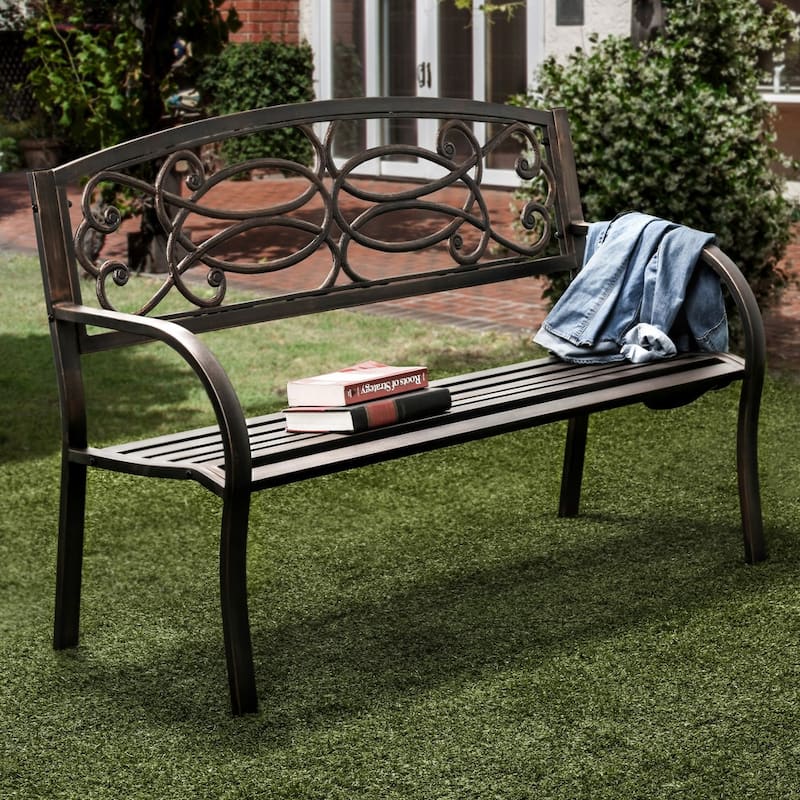 Contemporary Bronze 50-inch Metal Outdoor Curved-arm Garden Bench by Furniture of America