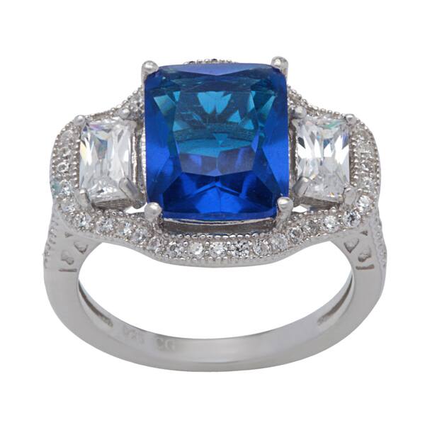 slide 1 of 5, Sterling Silver Blue and White Cubic Zirconia Halo Ring 5.5