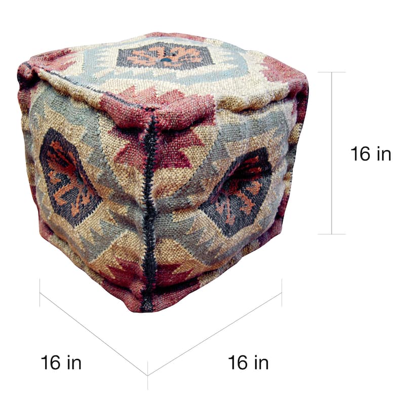 Handmade Kilim Upholstered Ottoman (India) - 16" x 16" x 16"