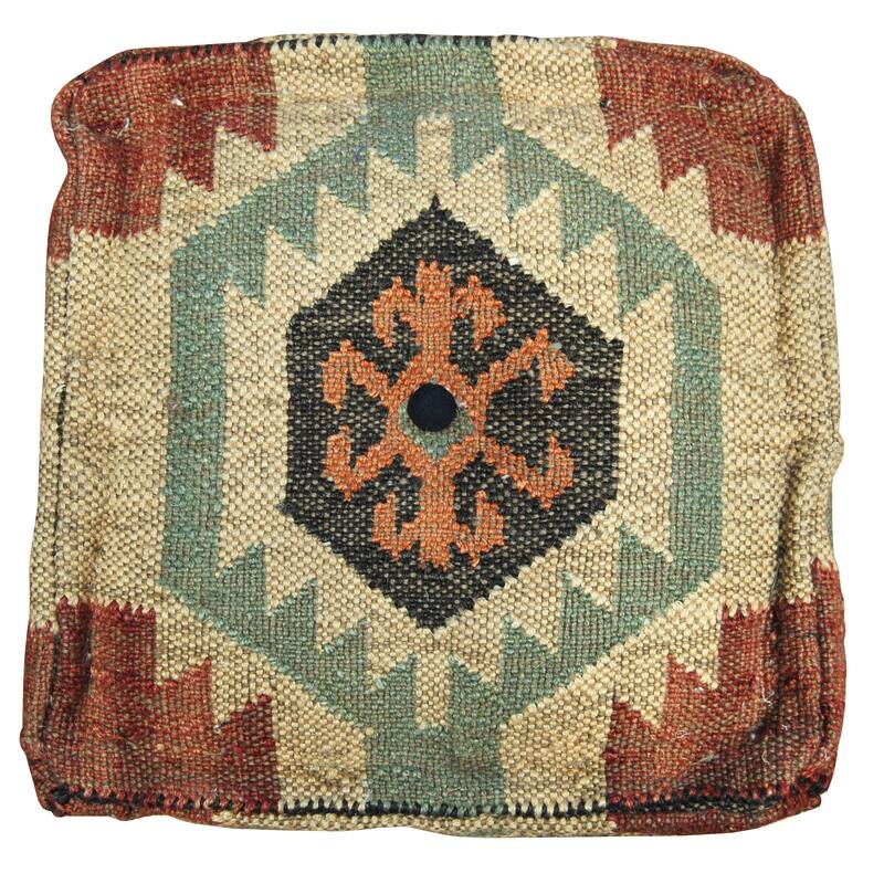 Handmade Kilim Upholstered Ottoman (India) - 16" x 16" x 16"