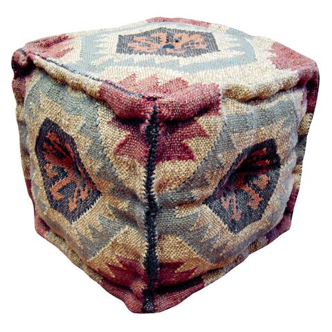 Handmade Kilim Upholstered Ottoman (India) - 16" x 16" x 16"