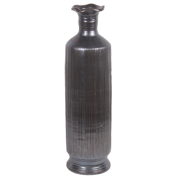 Dark Grey Ribbed Ceramic Vase
