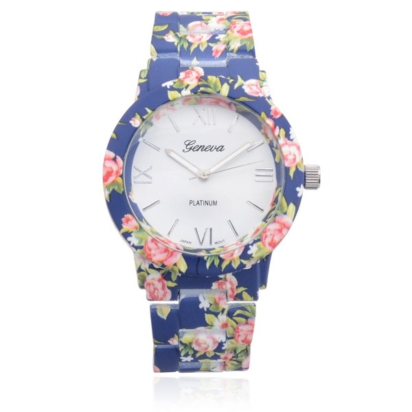 Shop Geneva Platinum Floral Print Link Watch - Free Shipping On Orders ...