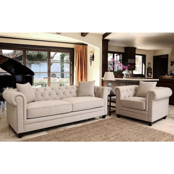 Shop Abbyson Fulton Beige Velvet 2-piece Sofa and Armchair - Free ...