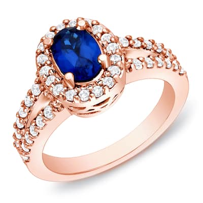 Auriya 14k Rose Gold 1ct Modern Oval Blue Sapphire Halo Diamond Engagement Ring 3/5ctw (H-I, SI1-SI2)