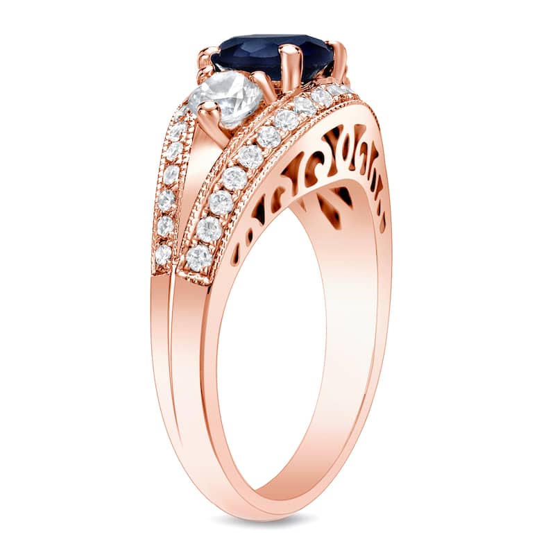 Auriya Vintage 3-Stone 1ct Blue Sapphire and 1/2ct TDW Diamond Engagement Ring 14k Rose Gold