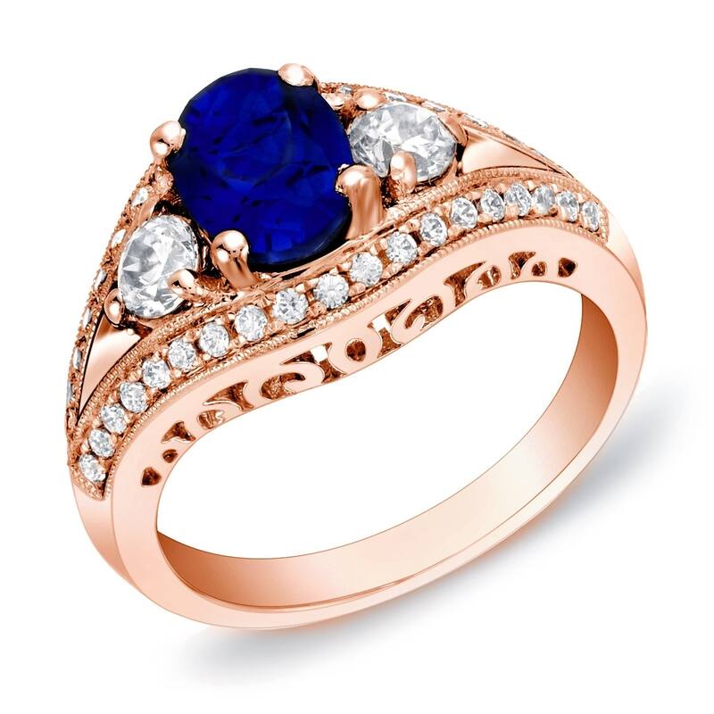 Auriya Vintage 1ct Oval Cut Blue Sapphire and 3/4ctw 3 Stone Diamond Engagement Ring 14k Gold - 4 - Rose