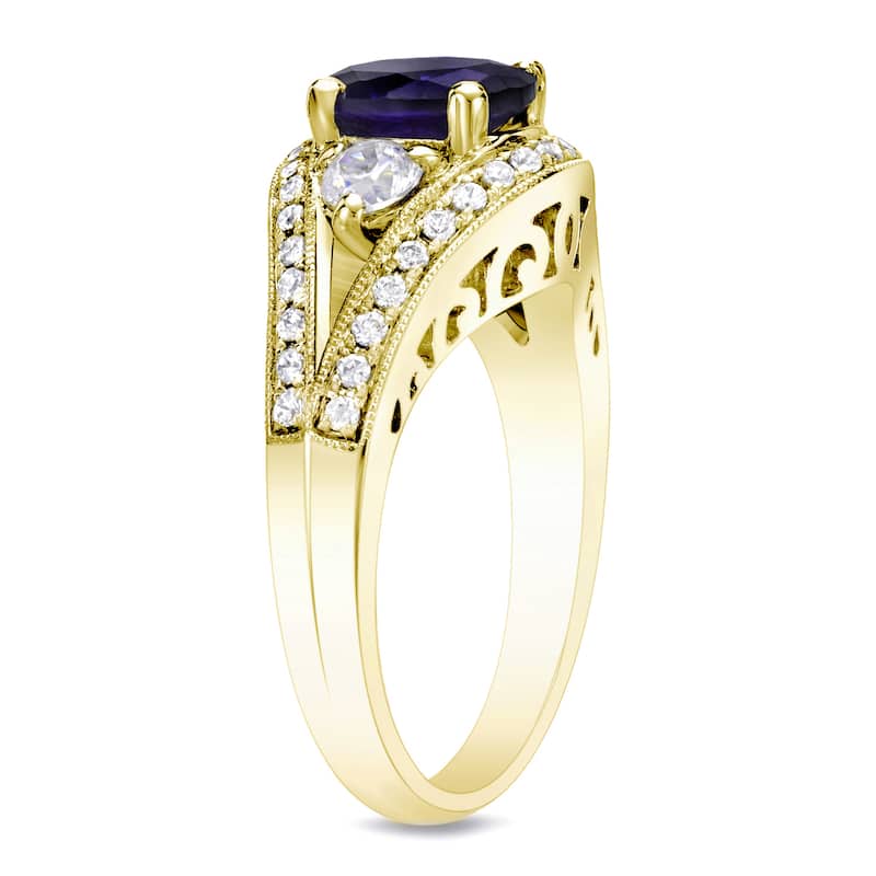 Auriya Vintage 1ct Oval Cut Blue Sapphire and 3/4ctw 3 Stone Diamond Engagement Ring 14k Gold