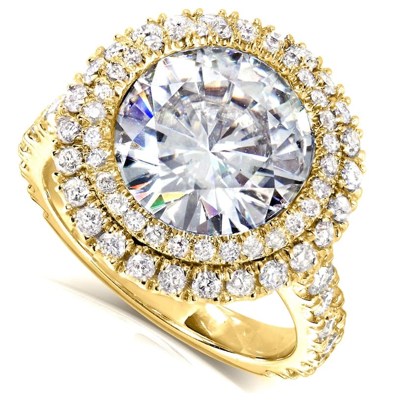 Annello by Kobelli 14k Yellow Gold 5 7/8ct TGW Large Moissanite and Diamond Round Double Halo Statement Ring (HI/VS, GH/I)