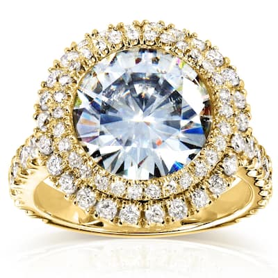Annello by Kobelli 14k Yellow Gold 5 7/8ct TGW Large Moissanite and Diamond Round Double Halo Statement Ring (HI/VS, GH/I)