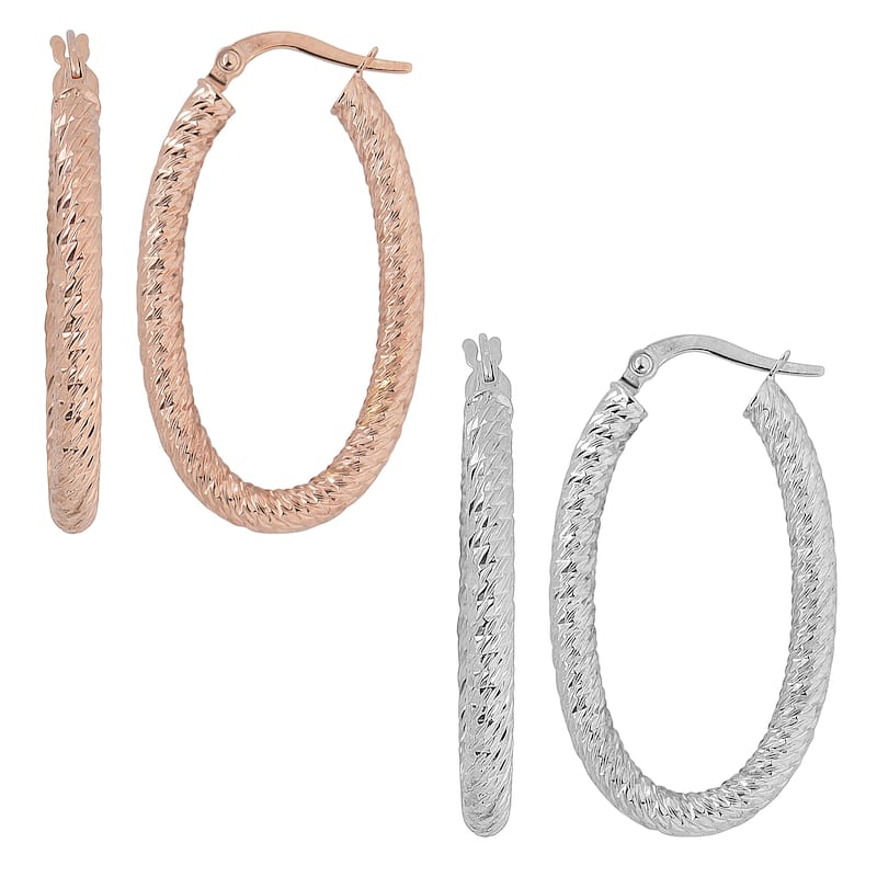 Fremada 10k Gold Diamond-cut Oval Hoop Earrings - White - White