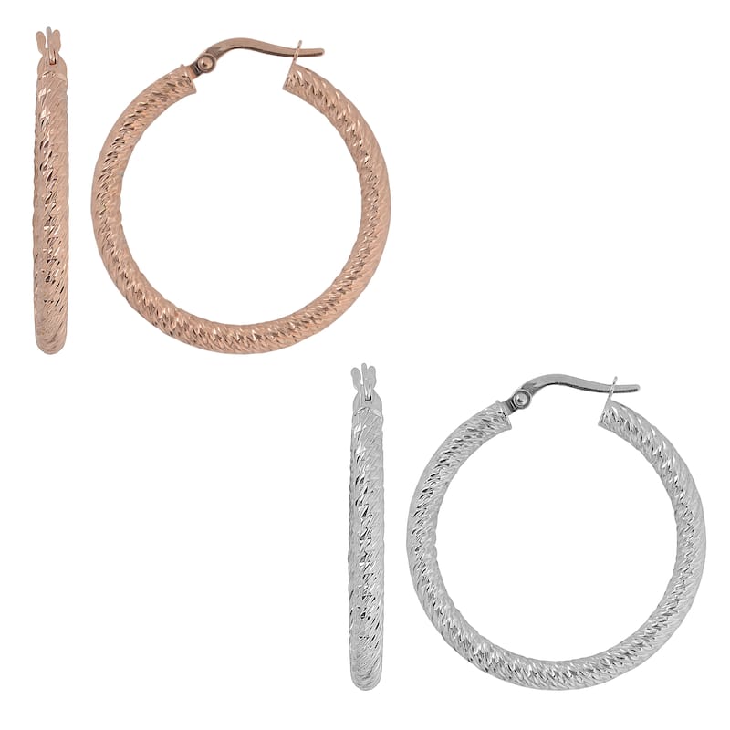 Fremada 10k Gold 3x25-mm Diamond-cut Round Hoop Earrings - White - White