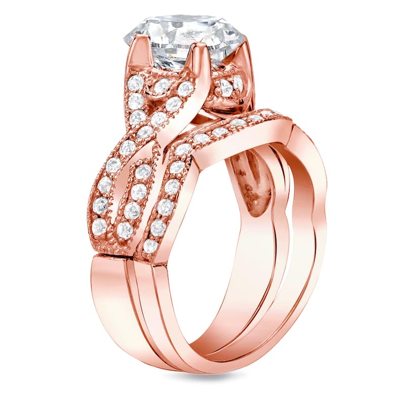 Auriya Twisted Split Shank 1 1/2ct TDW Round Diamond Engagement Ring Set 14k Rose Gold