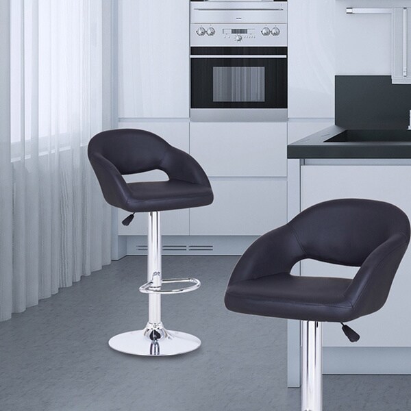 Adeco Black Hydraulic Lift Adjustable Barstool with Low Cut-out Back Chair, Leather-look, and Pedestal Base