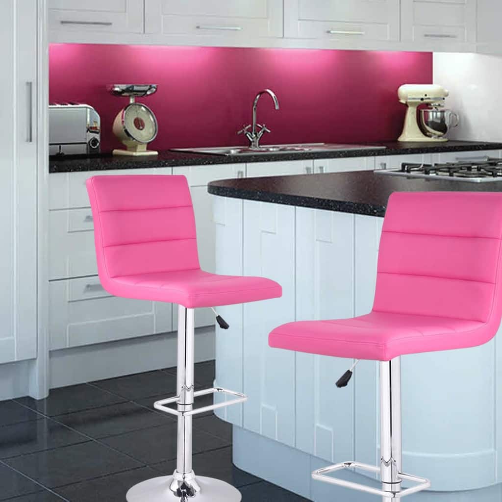 Adeco Horizontal Channel Tufted Faux Leather, Adjustable Chrome Base Barstools (Set of 2)