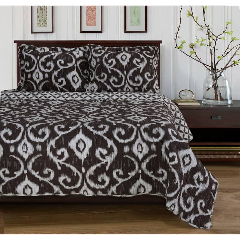 Superior Cotton Traditional Reversible Quilt and Sham Set - Brown - Full - Queen - 3 Piece