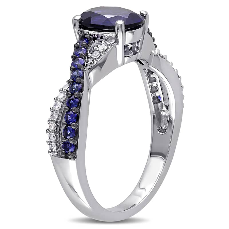 Miadora 10k White Gold Created Blue Sapphire and 1/10ct TDW Diamond Ring (H-I, I2-I3)