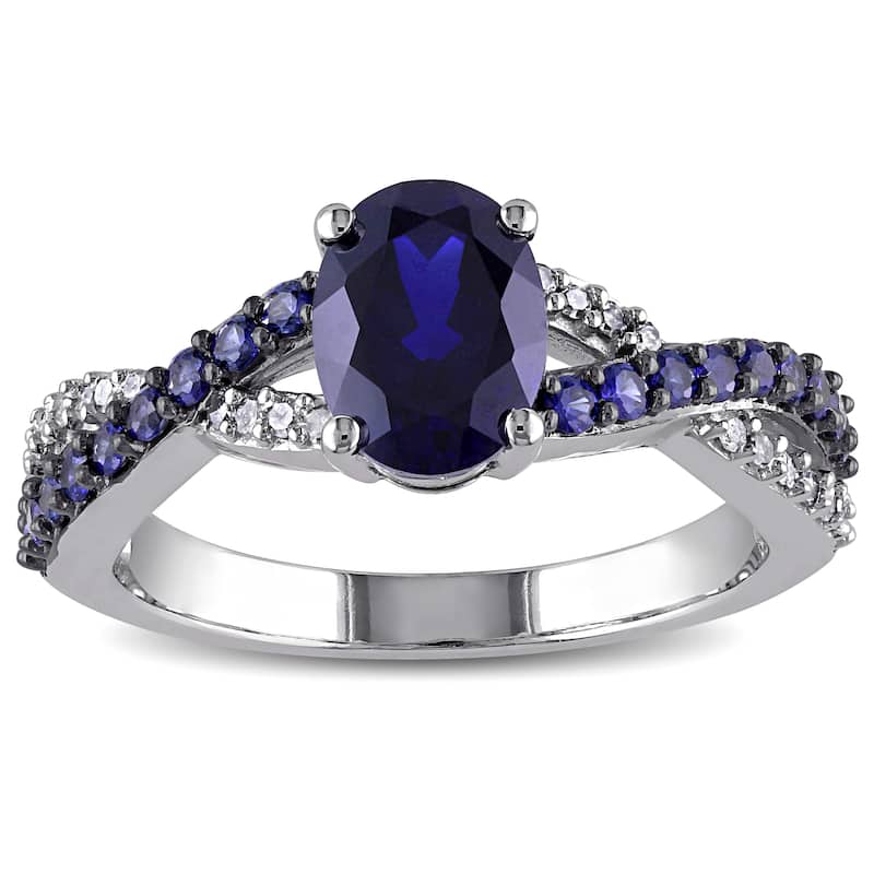 Miadora 10k White Gold Created Blue Sapphire and 1/10ct TDW Diamond Ring (H-I, I2-I3) - Size 5