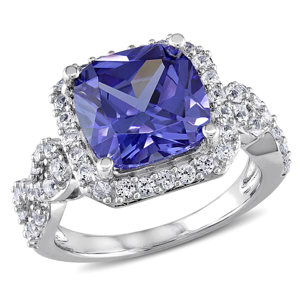 Miadora Sterling Silver Created White Sapphire and Tanzanite Cocktail Ring