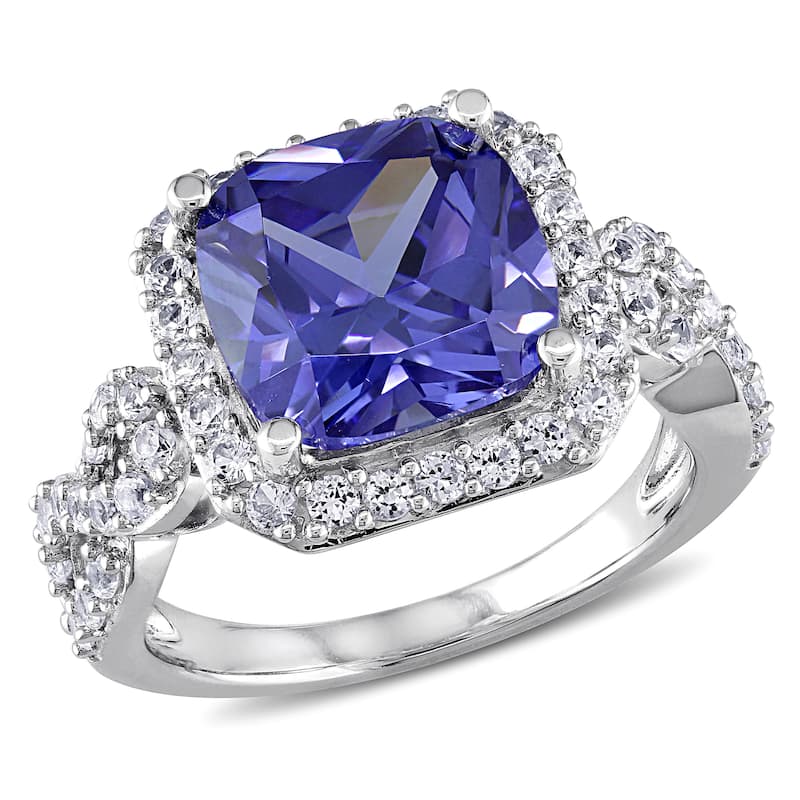 Miadora Sterling Silver Created White Sapphire and Tanzanite Cocktail Ring - 5