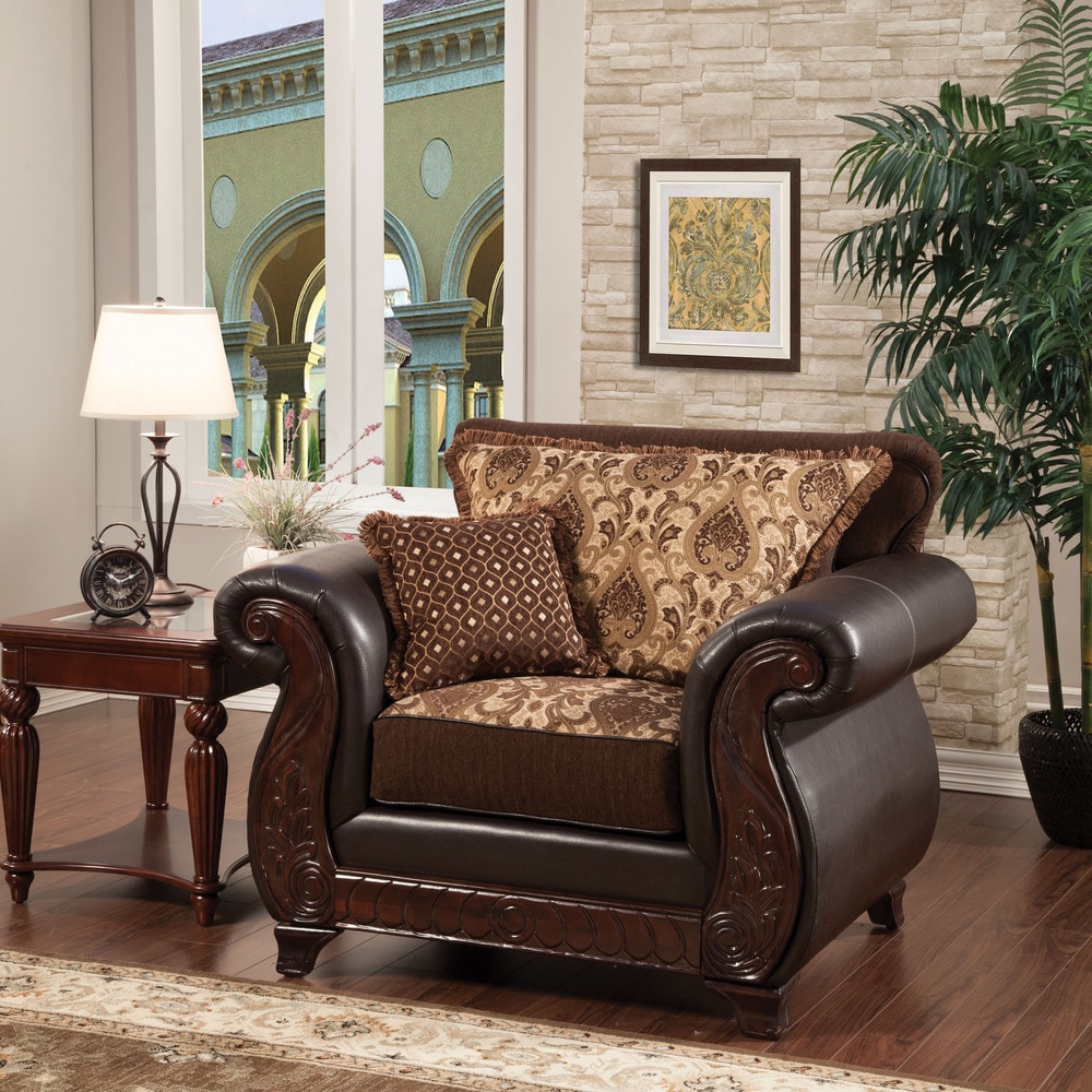 Furniture of America Corz Traditional Faux Leather Padded Damask Pattern Armchair