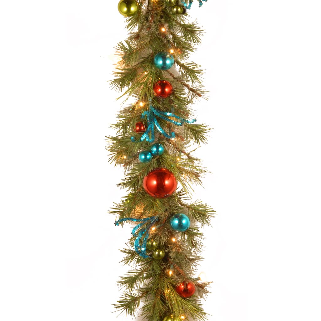National Tree Company 9' x 14" Decorative Collection Retro Garland with 50 Soft White Battery Operated LEDs with Timer - 9 ft