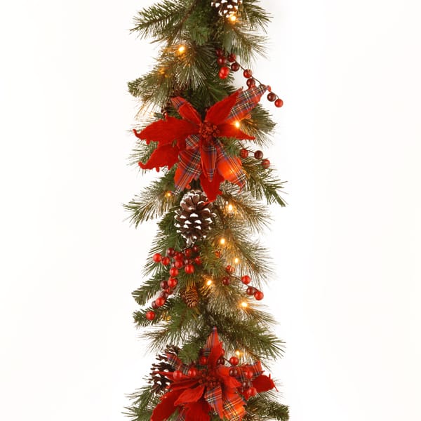 slide 1 of 1, 9' x 12" Decorative Collection Tartan Plaid Garland with 50 Soft White Battery Operated LEDs with Ti