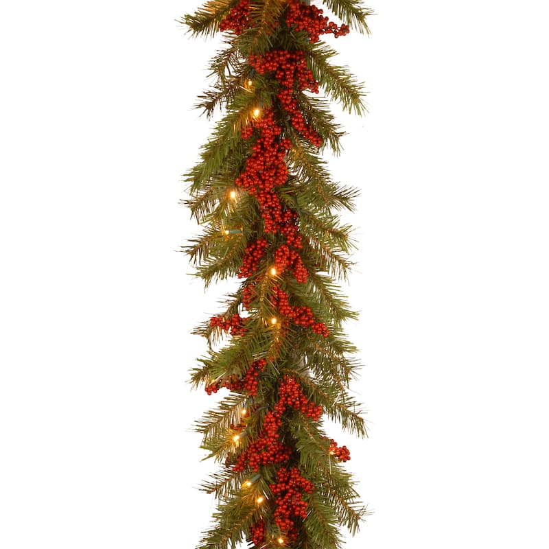 National Tree Company 9' X 14" Decorative Collection Valley Pine Garland with Red Berries and 50 Soft White Battery-Operated LED