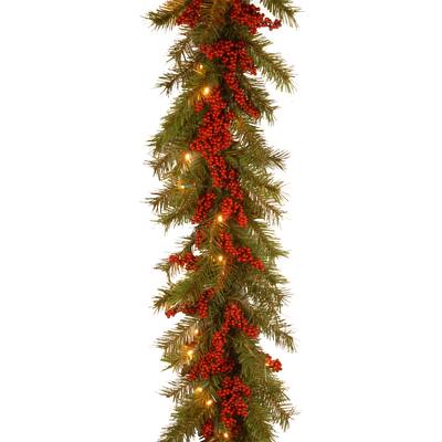 National Tree Company 9' X 14" Decorative Collection Valley Pine Garland with Red Berries and 50 Soft White Battery-Operated LED