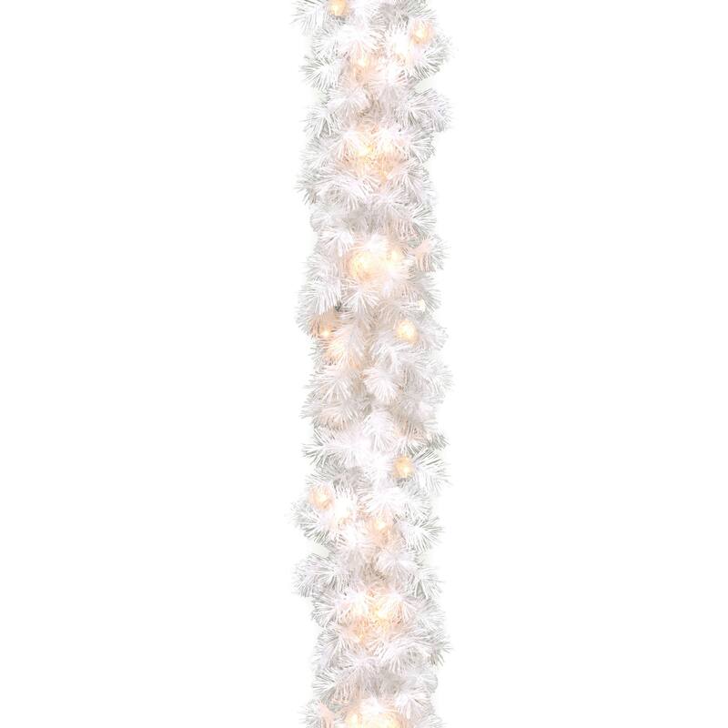 National Tree Company 9 ft. Wispy Willow Grande White Garland with Silvertone Glitter and 100 Clear Lights - 9 ft