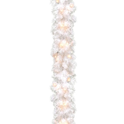 National Tree Company 9 ft. Wispy Willow Grande White Garland with Silvertone Glitter and 100 Clear Lights - 9 ft