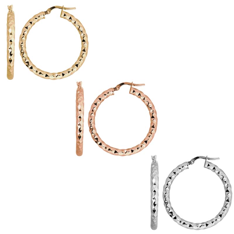Fremada 10k Gold 3x25-mm Diamond-cut Round Hoop Earrings - White - White