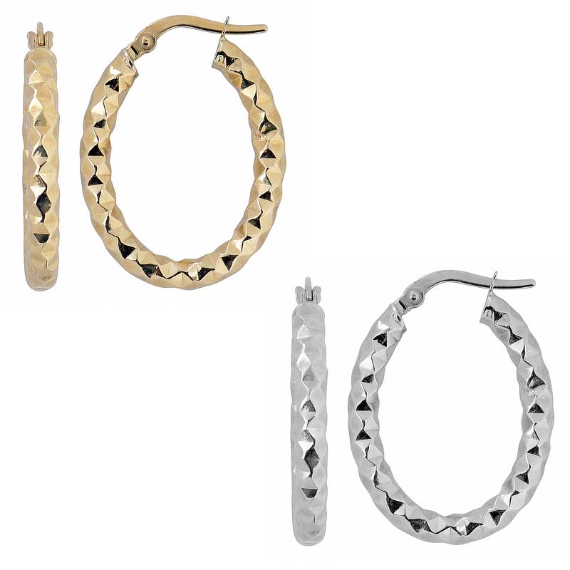 Fremada 10k Gold 3-mm Diamond-cut Oval Hoop Earrings - White - White