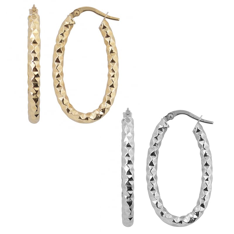 Fremada 10k Gold Diamond-cut Elongated Hoop Earrings - White
