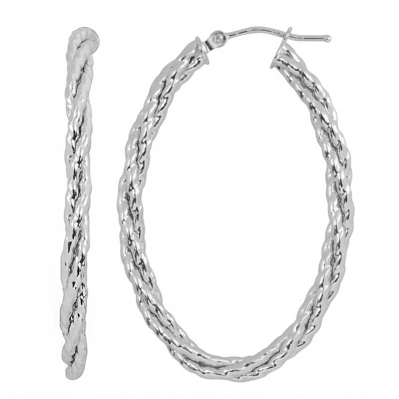 Fremada 10k White Gold Bold Braided Elongated Hoop Earrings