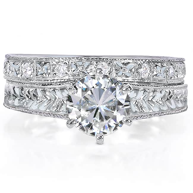 Annello by Kobelli 14k White Gold 1 1/4ct TGW 6-prong Moissanite and Diamond Textured Vintage Bridal Set