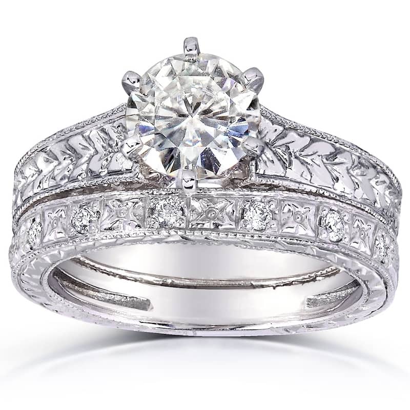 Annello by Kobelli 14k White Gold 1 1/4ct TGW 6-prong Moissanite and Diamond Textured Vintage Bridal Set