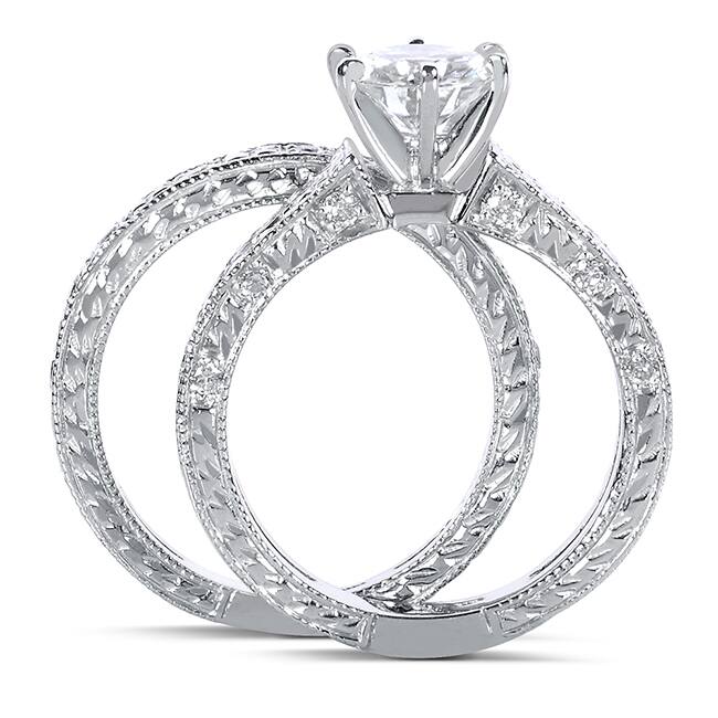 Annello by Kobelli 14k White Gold 1 1/4ct TGW 6-prong Moissanite and Diamond Textured Vintage Bridal Set