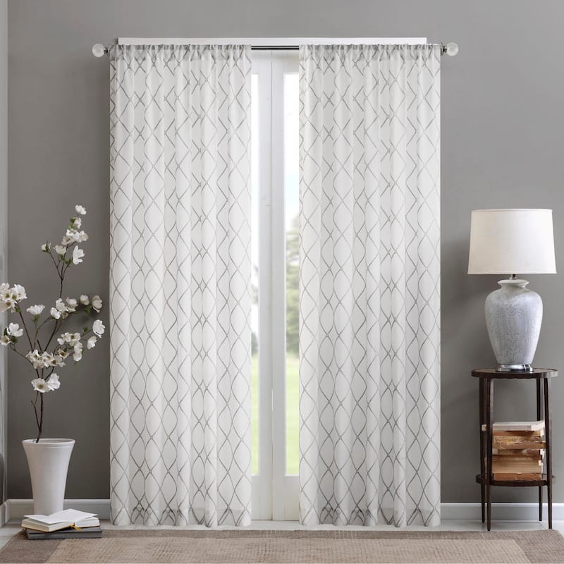Madison Park Iris Embroidered Diamond Sheer Single Curtain Panel - 50"W X 84"L - White/Grey