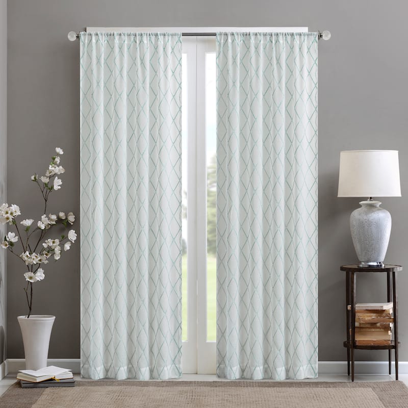 Diamond Sheer Curtains - 50"W X 84"L - WHITE/AQUA