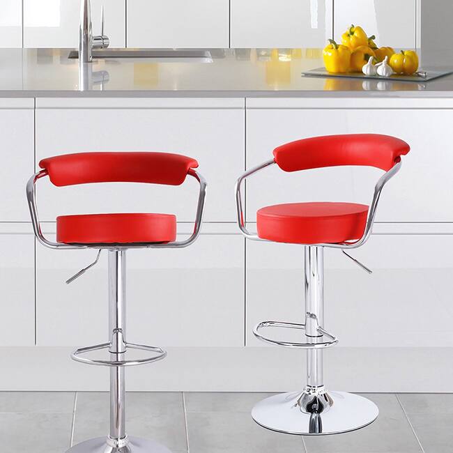 Adeco Red Faux Leather, Curved Back, Chrome Arms and Base, Adjustable Barstools (Set of 2)