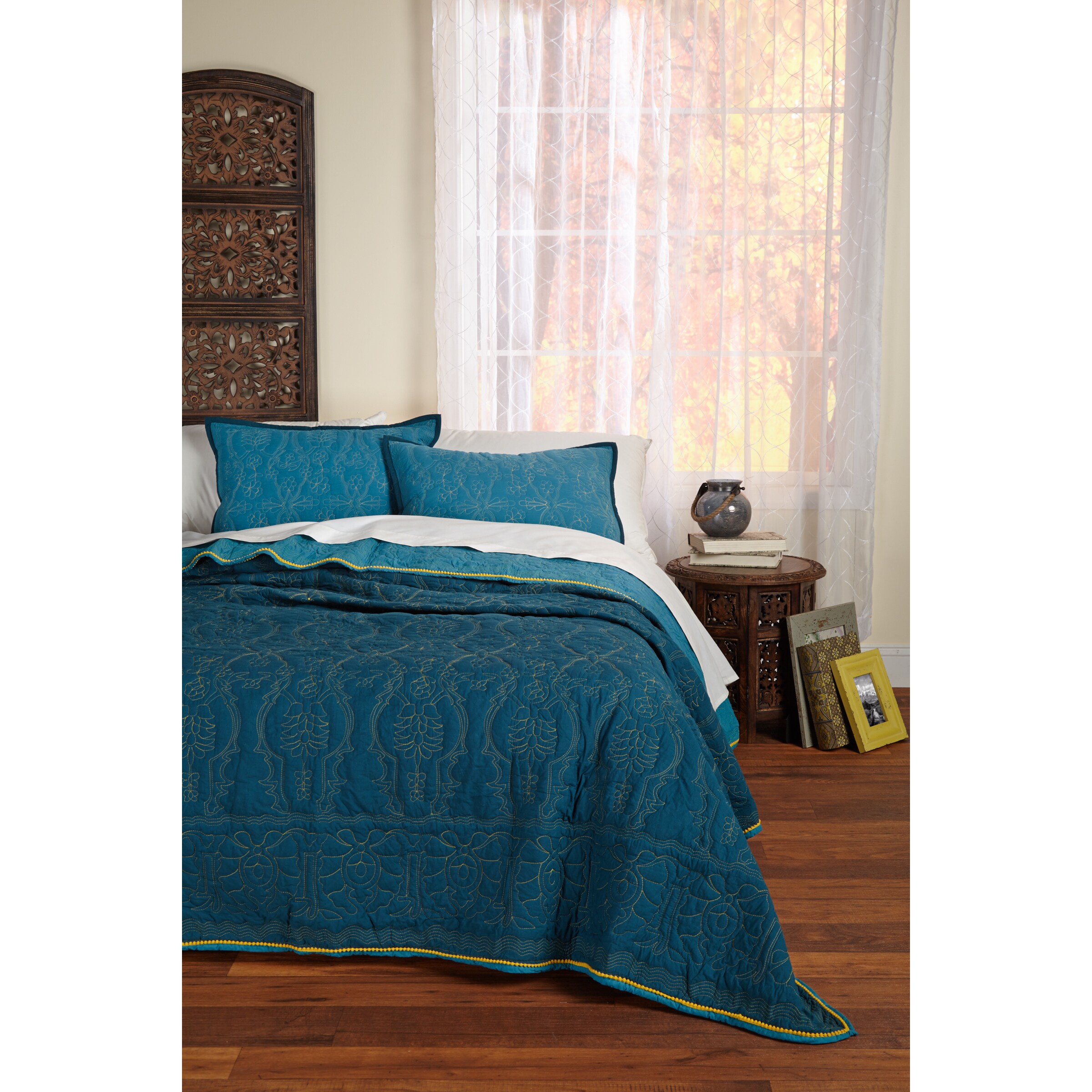 Celebration Teal Yellow Floral Reversible 3 Piece Quilt Set Overstock 9434954